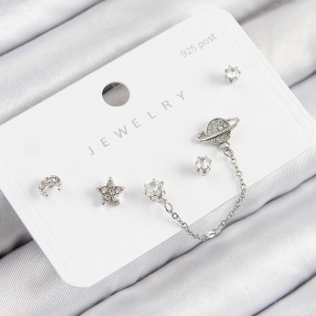 Pirinç Zirkon Taşlı Yıldız Ve Gezegen Model Gümüş Renk 925 Ayar Gümüş Çivi Kadın Küpe Set