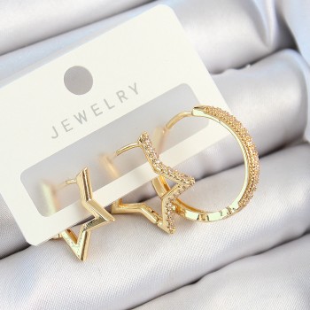 Pirinç Zirkon Taşlı Yıldız Ve Halka Model Gold Renk 3'lü Çift Kadın Küpe Set