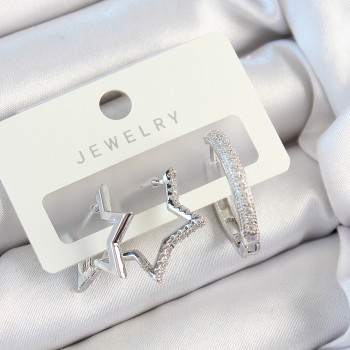 Pirinç Zirkon Taşlı Yıldız Ve Halka Model Gümüş Renk 3'lü Çift Kadın Küpe Set