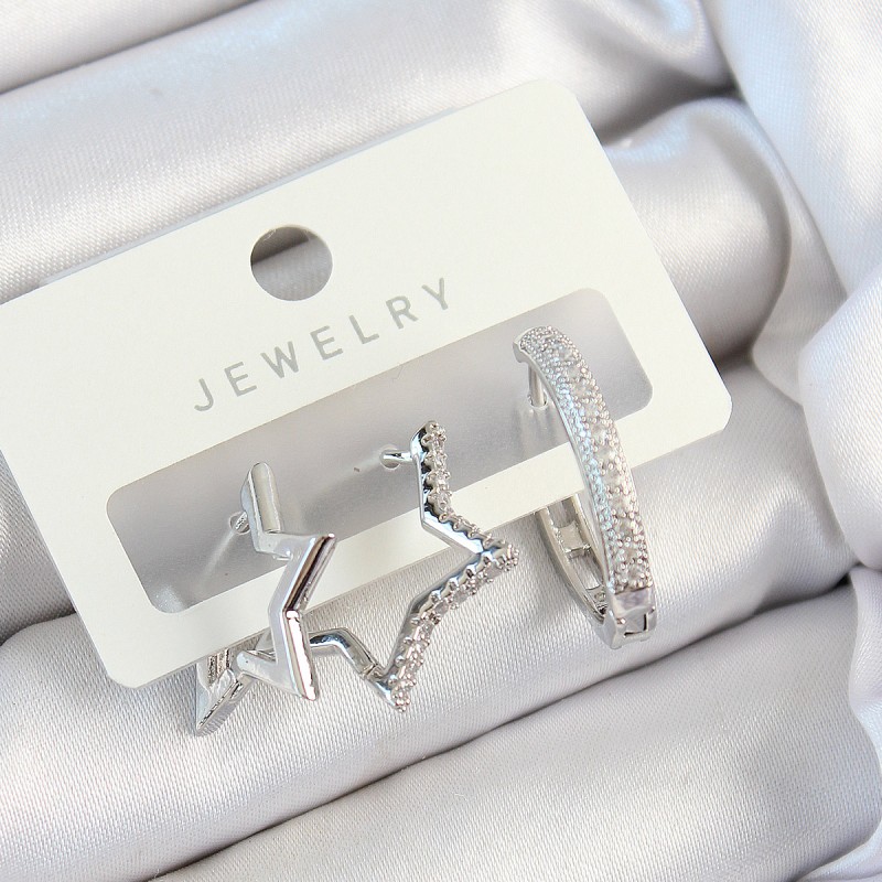 Pirinç Zirkon Taşlı Yıldız Ve Halka Model Gümüş Renk 3'lü Çift Kadın Küpe Set