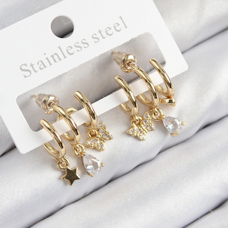 Pirinç Zirkon Taşlı Yıldız Ve Kelebek Model Gold Renk Kadın Küpe