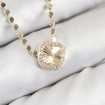 Pirinç Zirkon Taşlı Yonca Model Ezme Zincir Gold Renk Kadın Kolye