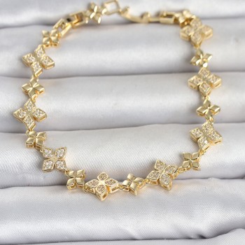 Pirinç Zirkon Taşlı Yonca Model Gold Renk Kadın Bileklik