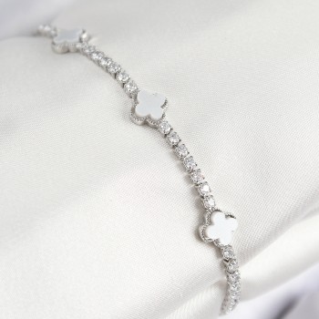 Pirinç Zirkon Taşlı Yonca Model Gümüş Renk Kadın Bileklik
