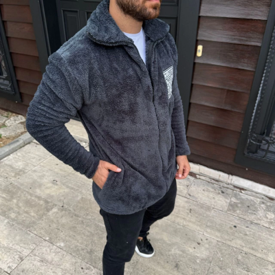 Polar Fermuarlı Sweatshirt – Kapüşonsuz, Cepli, Yumuşak Dokulu, Oversize Rahat Kalıp, Kışlık Sıcak Tutan Fermuarlı Üst - Füme