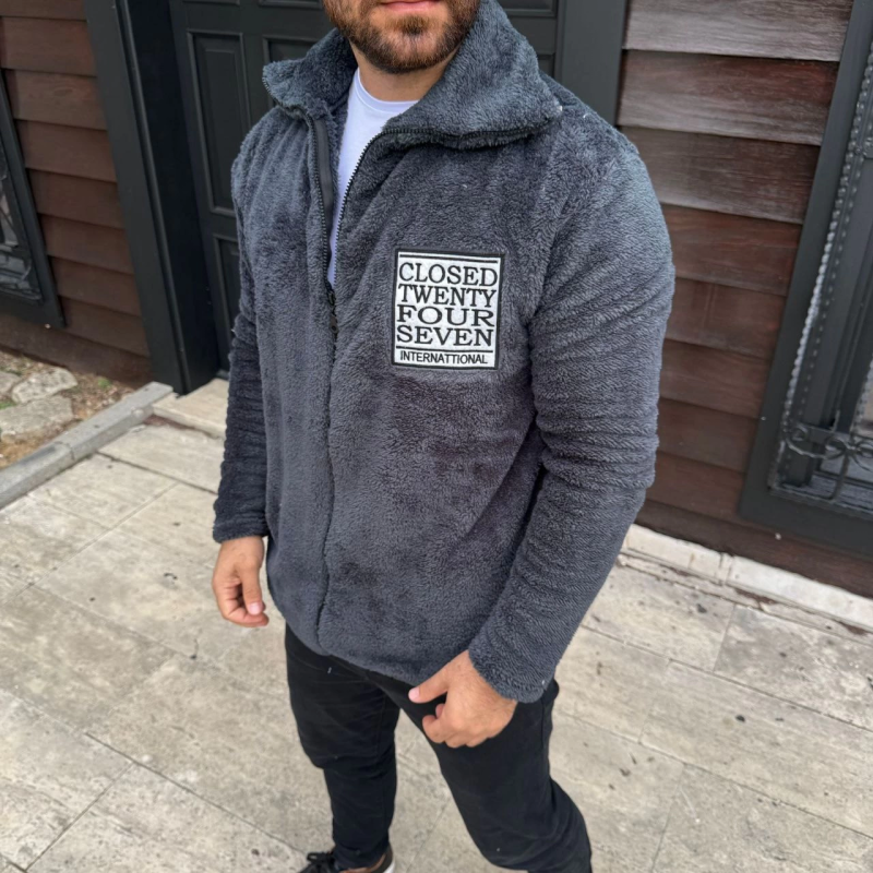 Polar Fermuarlı Sweatshirt – Kapüşonsuz, Cepli, Yumuşak Dokulu, Oversize Rahat Kalıp, Kışlık Sıcak Tutan Fermuarlı Üst - Füme