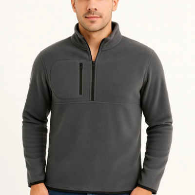 Polar Kazak – Dik Yaka, Yarım Fermuarlı, Fermuarlı Göğüs Cepli, Siyah Biyeli, Kışlık Rahat Regular Fit Günlük Model - Füme