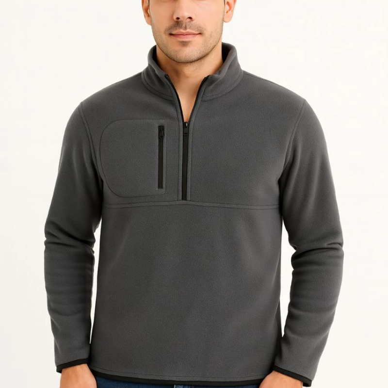 Polar Kazak – Dik Yaka, Yarım Fermuarlı, Fermuarlı Göğüs Cepli, Siyah Biyeli, Kışlık Rahat Regular Fit Günlük Model - Füme