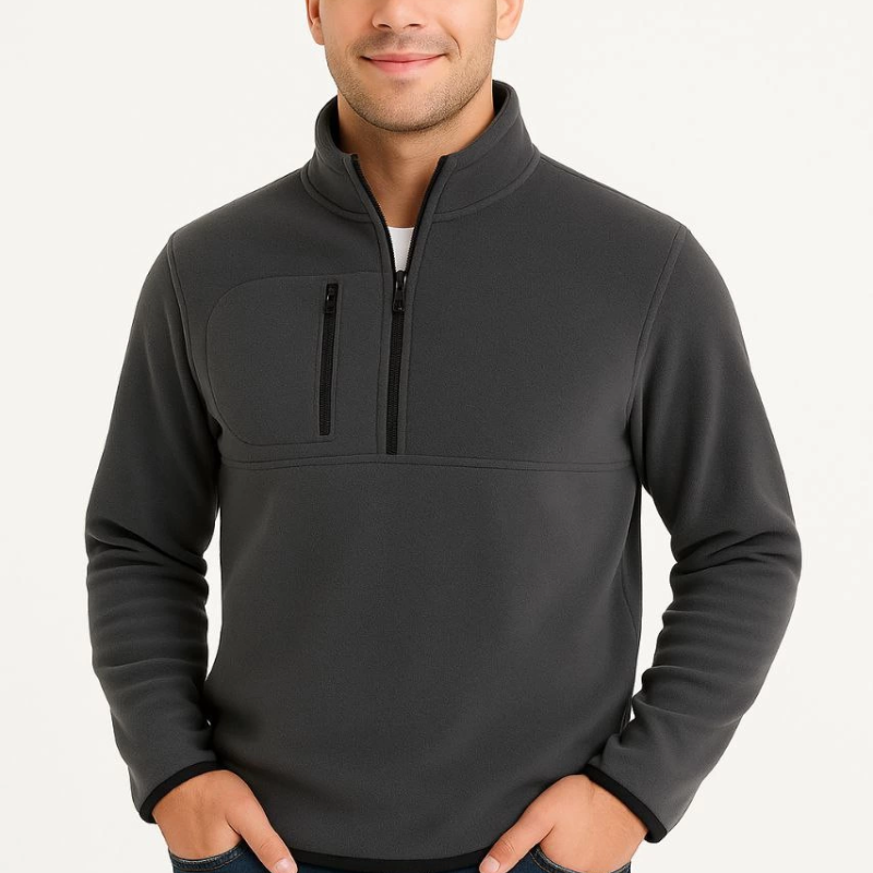 Polar Kazak – Dik Yaka, Yarım Fermuarlı, Fermuarlı Göğüs Cepli, Siyah Biyeli, Kışlık Rahat Regular Fit Günlük Model - Füme