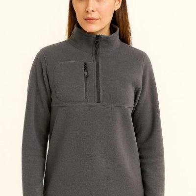 Polar Kazak – Dik Yaka, Yarım Fermuarlı, Fermuarlı Göğüs Cepli, Siyah Biyeli, Kışlık Rahat Regular Fit Günlük Model - Füme