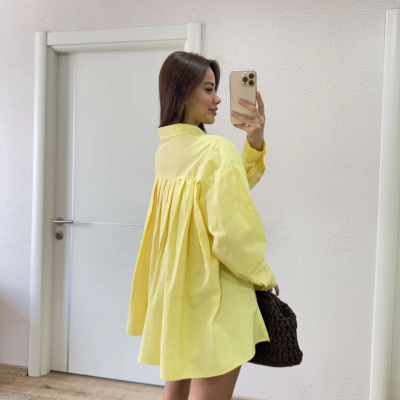 Poplin   Yakalı Yandan Yırtmaçlı Arka Pens Detaylı Gömlek - Sarı -