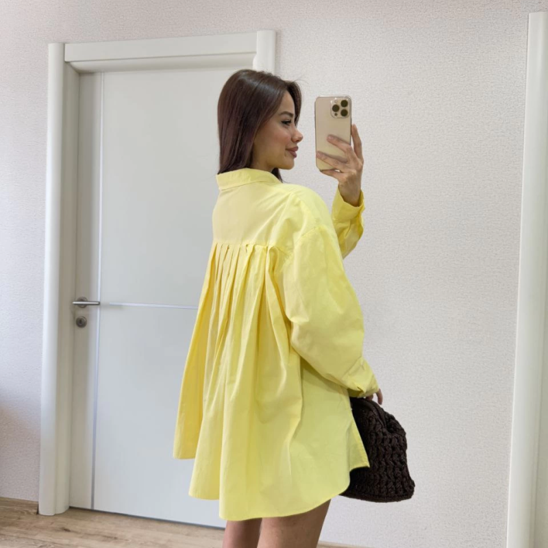 Poplin   Yakalı Yandan Yırtmaçlı Arka Pens Detaylı Gömlek - Sarı -