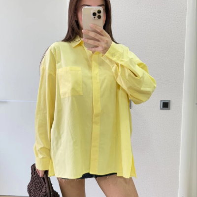 Poplin   Yakalı Yandan Yırtmaçlı Arka Pens Detaylı Gömlek - Sarı -