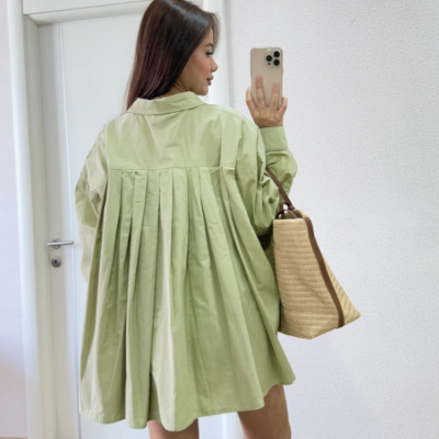 Poplin   Yakalı Yandan Yırtmaçlı Arka Pens Detaylı Gömlek - Yeşil -