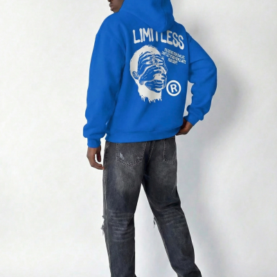 Premium Baskılı Kapşonlu Sweatshirt Üç İplik İçi Pamuklu Kanguru Cepli Double Oversize Rahat Kalıp Hoodie - Saks Mavi