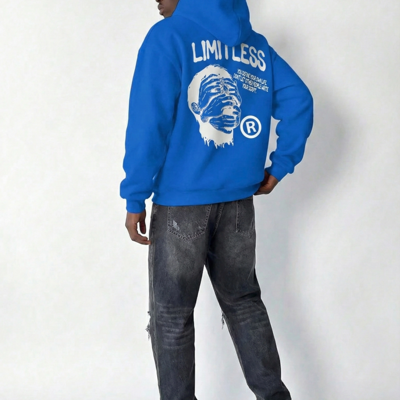 Premium Baskılı Kapşonlu Sweatshirt Üç İplik İçi Pamuklu Kanguru Cepli Double Oversize Rahat Kalıp Hoodie - Saks Mavi