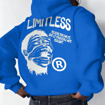 Premium Baskılı Kapşonlu Sweatshirt Üç İplik İçi Pamuklu Kanguru Cepli Double Oversize Rahat Kalıp Hoodie - Saks Mavi