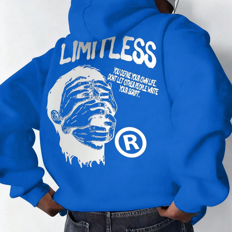 Premium Baskılı Kapşonlu Sweatshirt Üç İplik İçi Pamuklu Kanguru Cepli Double Oversize Rahat Kalıp Hoodie - Saks Mavi