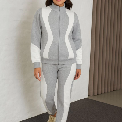 Premium Parçalı Eşofman Takım - Dik Yaka Fermuarlı Sweatshirt - Gri -