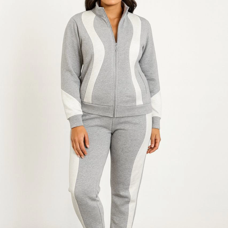Premium Parçalı Eşofman Takım - Dik Yaka Fermuarlı Sweatshirt - Gri -