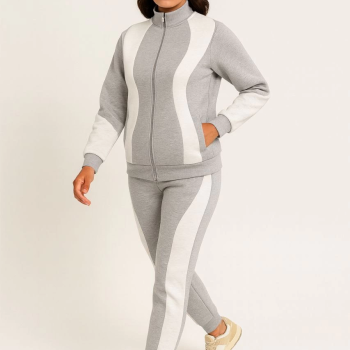 Premium Parçalı Eşofman Takım - Dik Yaka Fermuarlı Sweatshirt - Gri -