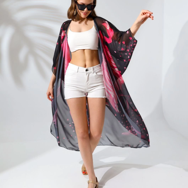 Rahat Kesim Şifon Kimono - Siyah -