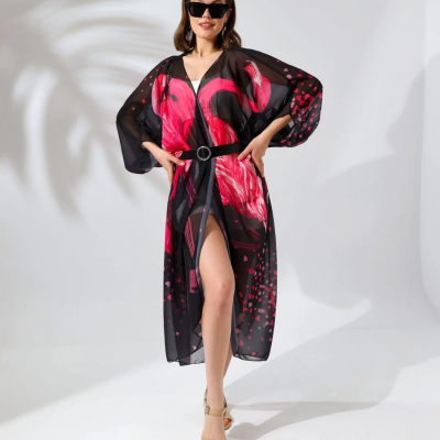 Rahat Kesim Şifon Kimono - Siyah -