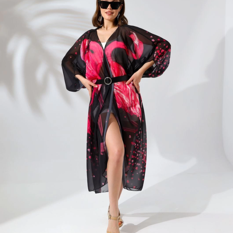 Rahat Kesim Şifon Kimono - Siyah -