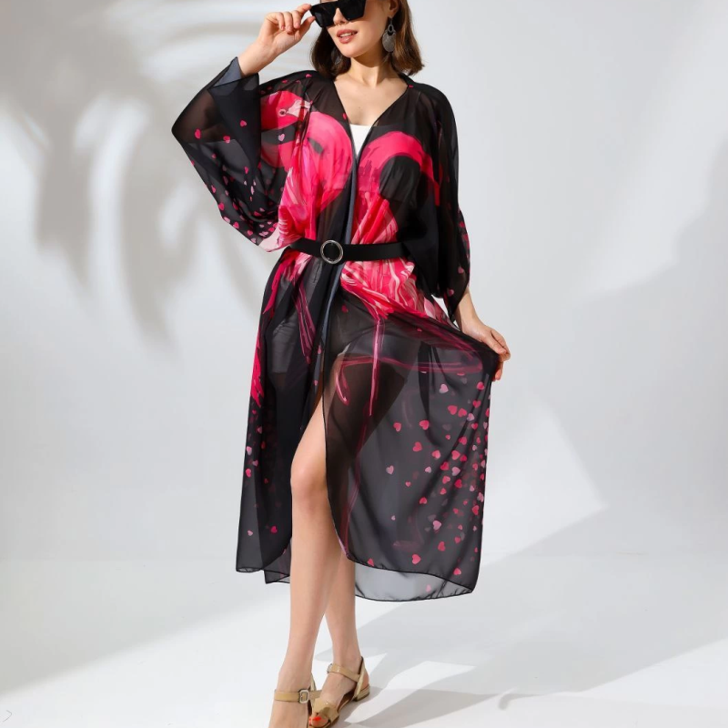 Rahat Kesim Şifon Kimono - Siyah -