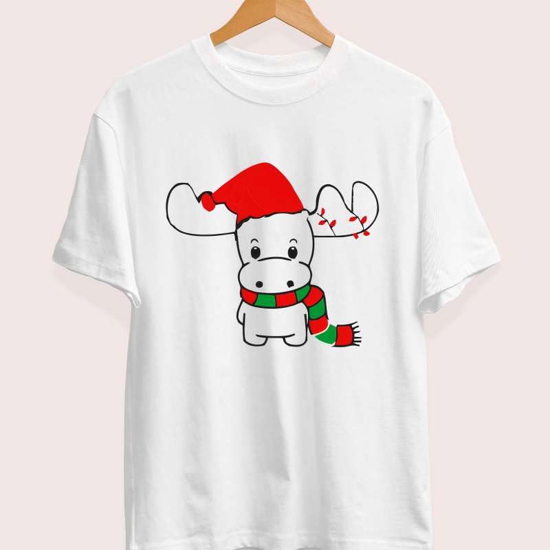 Ren Geyiği baskılı Noel İçin T-shirt - Beyaz -