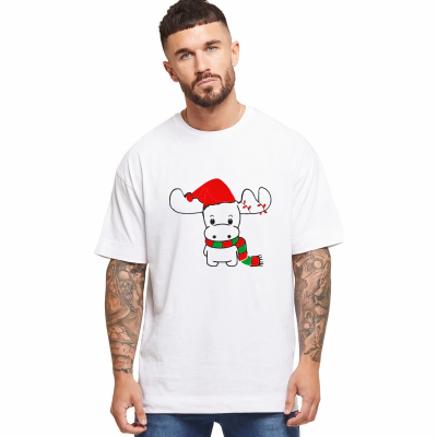 Ren Geyiği baskılı Noel İçin T-shirt - Beyaz -