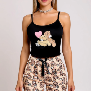 Renkli Ayıcık Desenli Askılı Şortlu Kadın Pijama Takımı