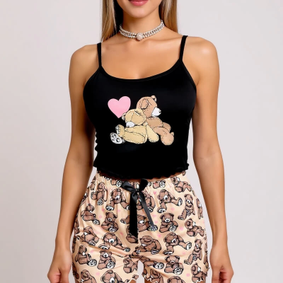 Renkli Ayıcık Desenli Askılı Şortlu Kadın Pijama Takımı