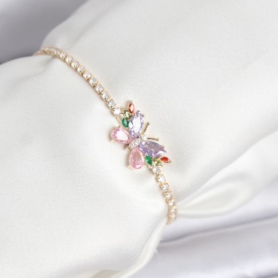 Renkli Kelebek Model Zirkon Taşlı Asansörlü Su Yolu Kadın Bileklik