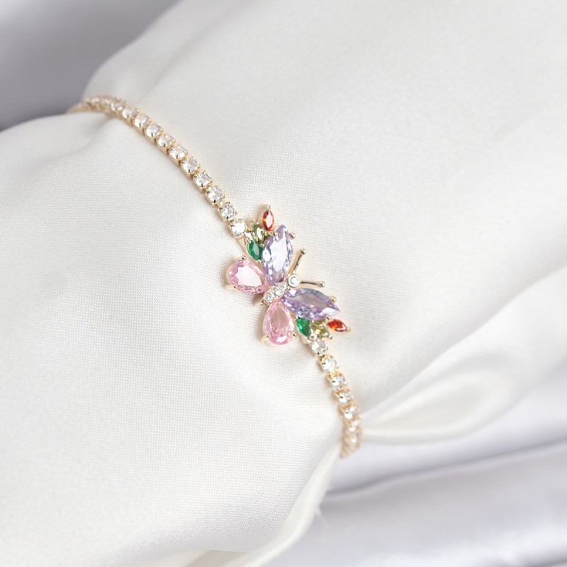 Renkli Kelebek Model Zirkon Taşlı Asansörlü Su Yolu Kadın Bileklik