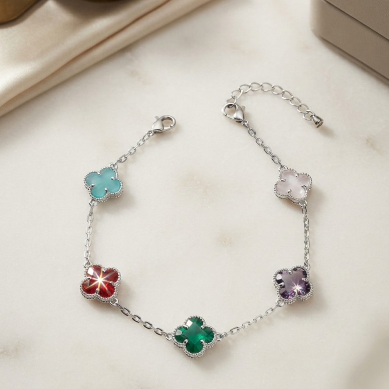 Renkli Kristal Taşlı Gümüş Renk Yonca Model Kadın Bileklik