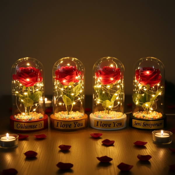 Renkli Toplu Ledli Gül Fanus 