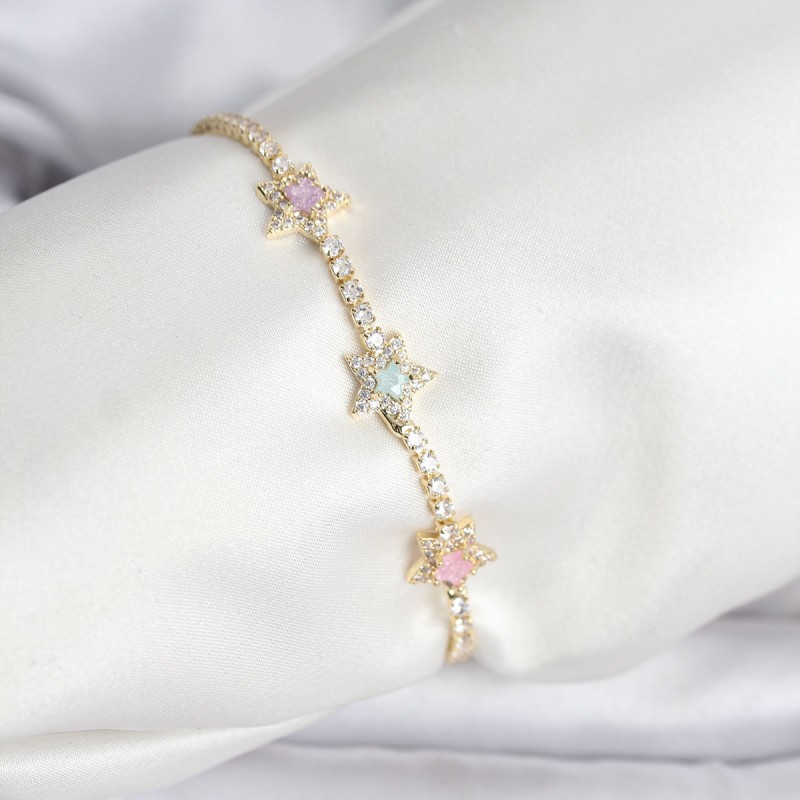 Renkli Yıldız Model Zirkon Taşlı Gold Renk Pirinç Su Yolu Kadın Bileklik