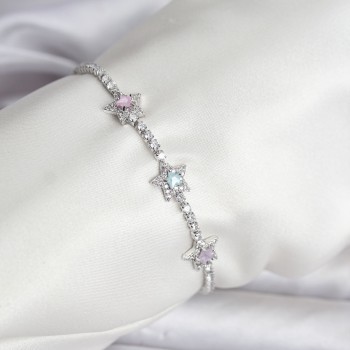 Renkli Yıldız Model Zirkon Taşlı Gümüş Renk Pirinç Su Yolu Kadın Bileklik