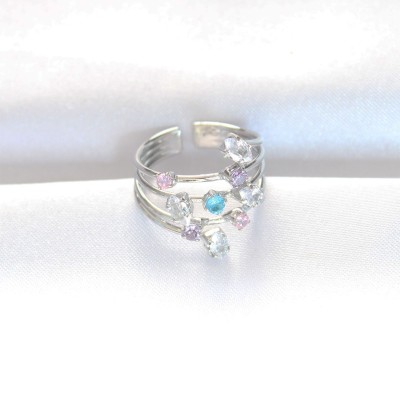 Renkli Zirkon Taşlı Silver Renk Ayarlanabilir Yüzük