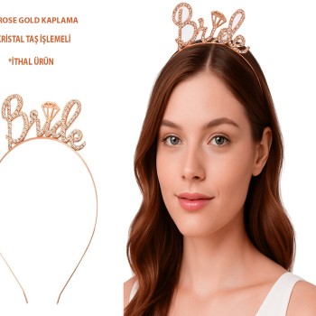Rose Gold Renkli Taşlı “Bride” Gelin Tacı 