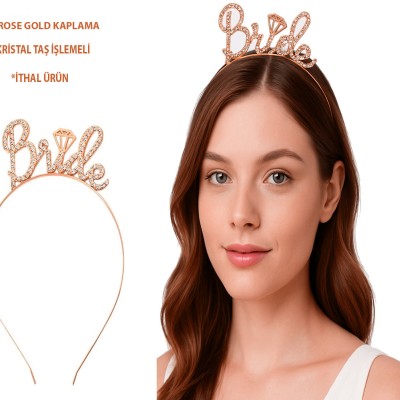 Rose Gold Renkli Taşlı “Bride” Gelin Tacı 