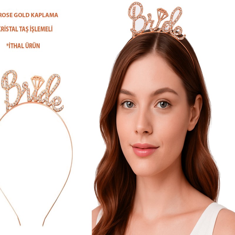 Rose Gold Renkli Taşlı “Bride” Gelin Tacı 