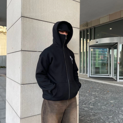 Samuray kapüşonlu ZIP Fermuarlı kapüşonlu SweatShirt - Siyah