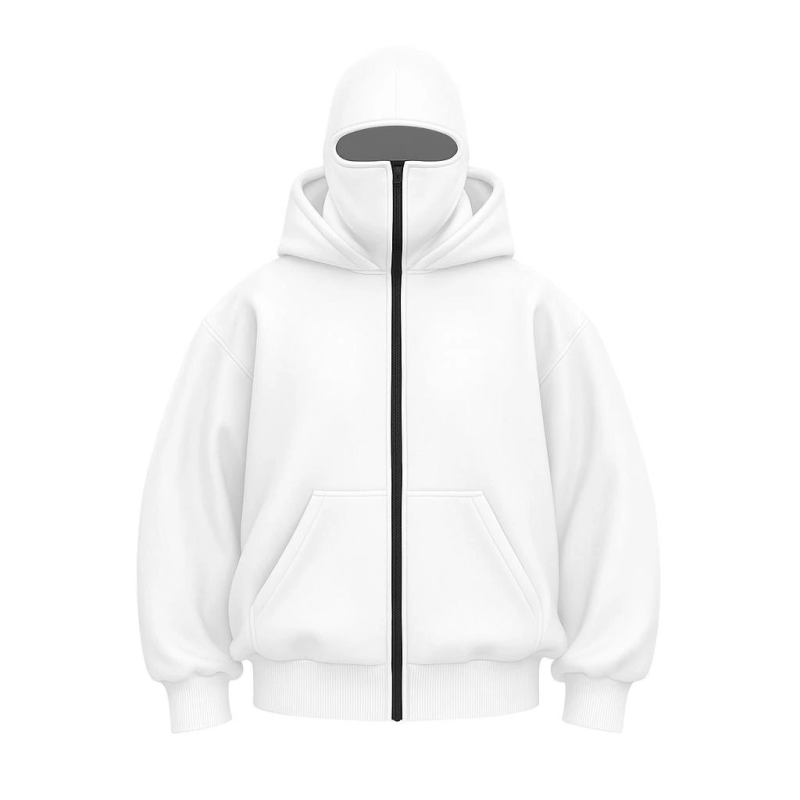 Samuray Ninja Çift Kapşonlu ZIP Fermuarlı Kanguru Çepli Hoodie Maske detaylı  sweatshirt - Beyaz