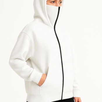 Samuray Ninja Çift Kapşonlu ZIP Fermuarlı Kanguru Çepli Hoodie Maske detaylı  sweatshirt - Beyaz