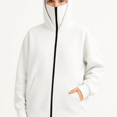 Samuray Ninja Çift Kapşonlu ZIP Fermuarlı Kanguru Çepli Hoodie Maske detaylı  sweatshirt - Beyaz