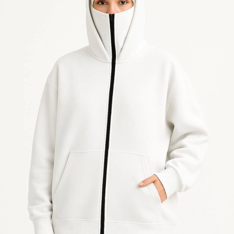 Samuray Ninja Çift Kapşonlu ZIP Fermuarlı Kanguru Çepli Hoodie Maske detaylı  sweatshirt - Beyaz