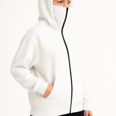 Samuray Ninja Çift Kapşonlu ZIP Fermuarlı Kanguru Çepli Hoodie Maske detaylı  sweatshirt - Beyaz