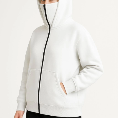 Samuray Ninja Çift Kapşonlu ZIP Fermuarlı Kanguru Çepli Hoodie Maske detaylı  sweatshirt - Beyaz